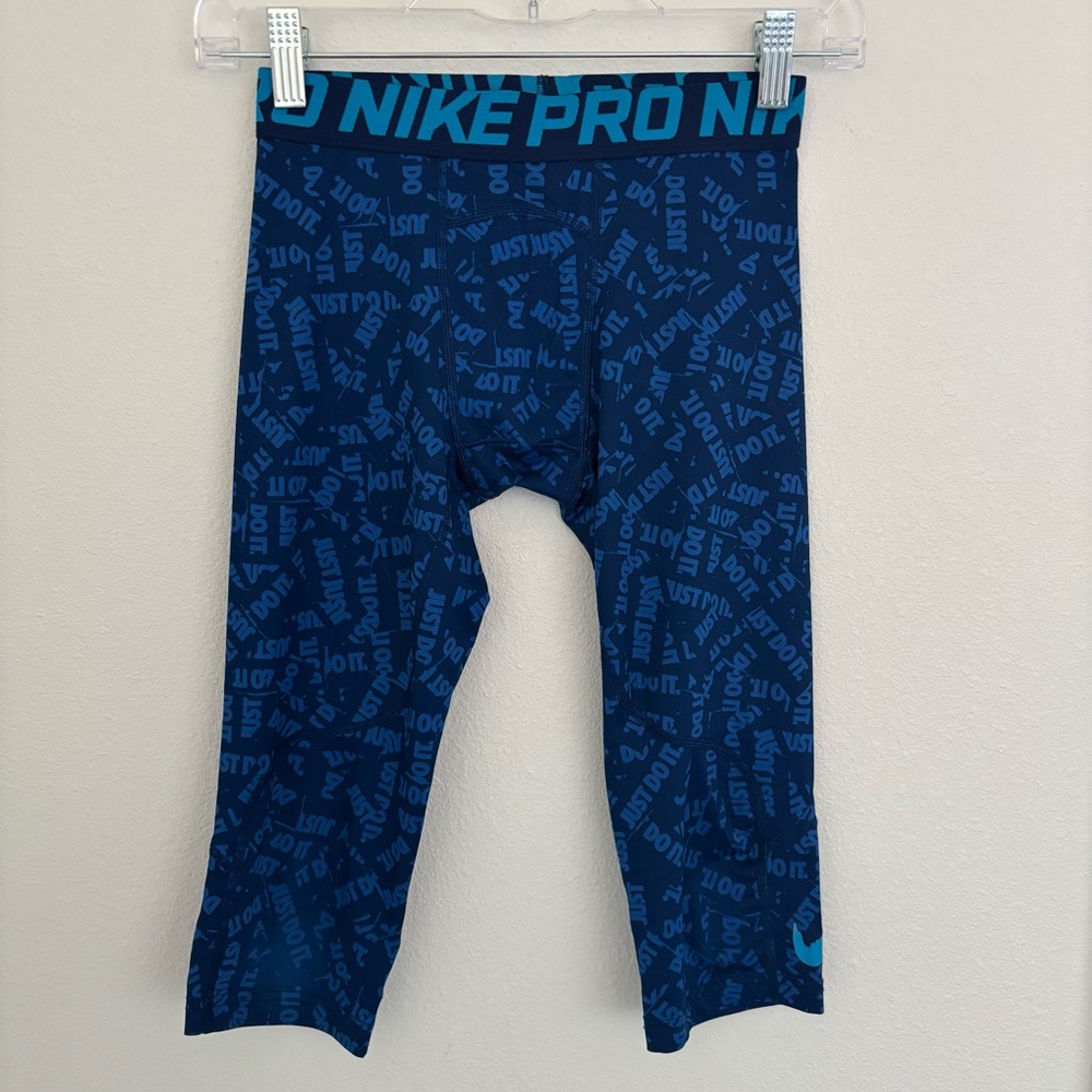 Nike Pro Dri Fit Blue Text Pattern Leggings Youth Boys Medium